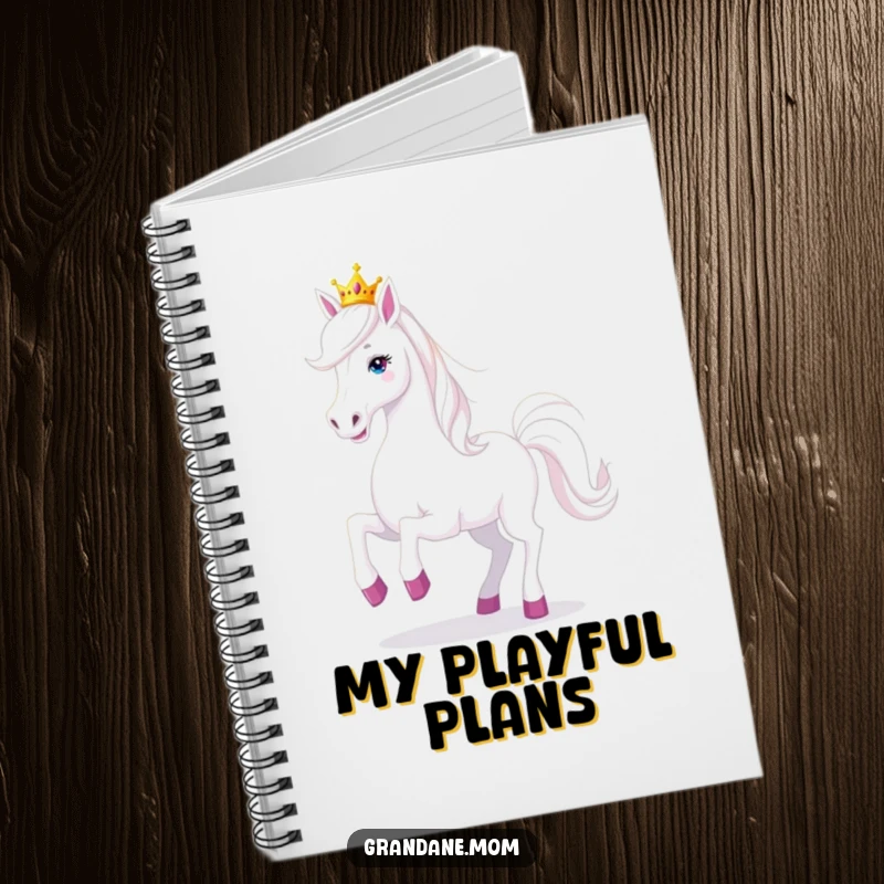 Funny Grand Dane dog wearing a tiara, prancing playfully on a notebook cover, ideal for jotting down joyful thoughts.