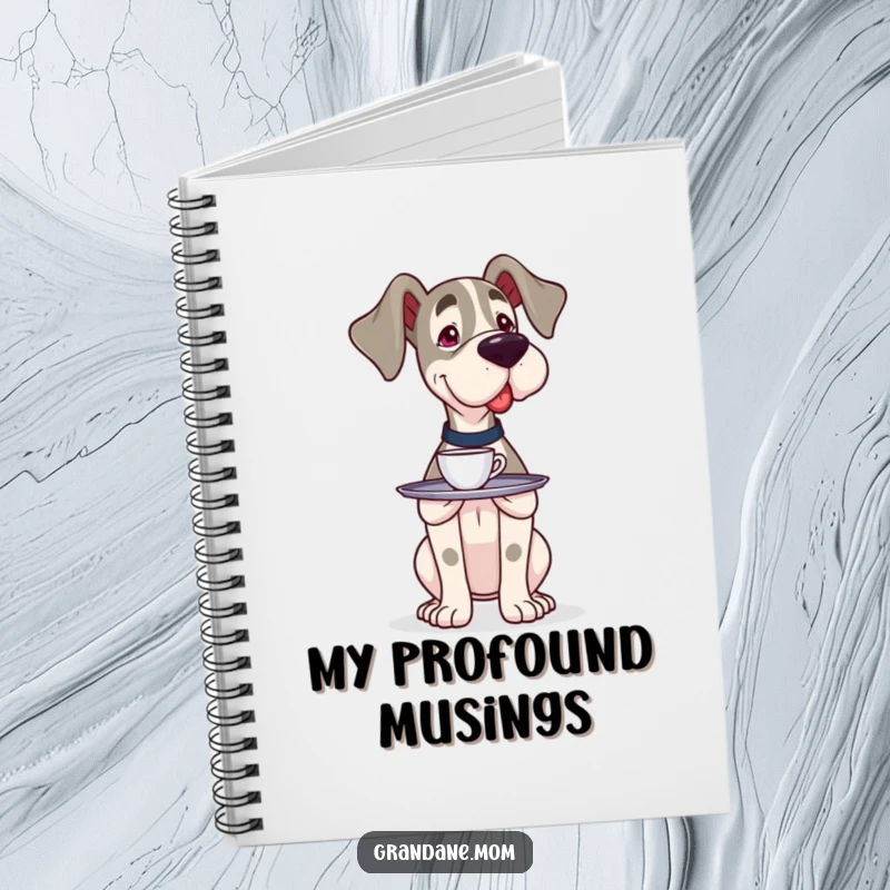 Funny Grand Dane server notebook with a large dog carefully balancing a tray with a single cup, perfect for jotting down precise notes.