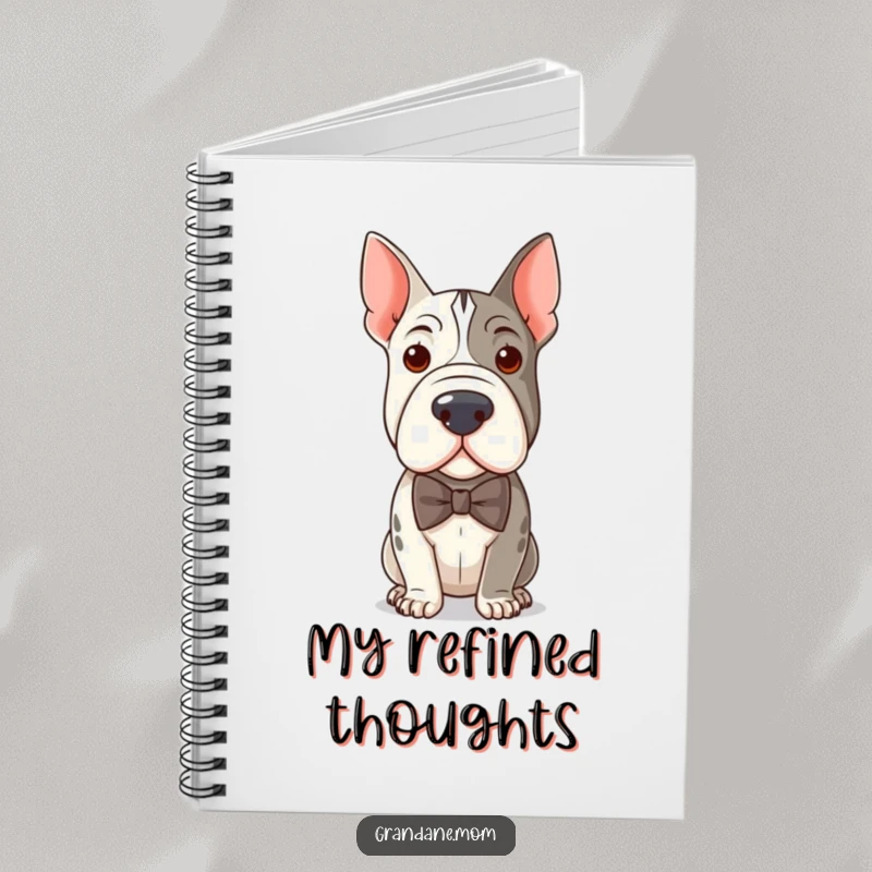 Funny notebook with a distinguished Grand Dane wearing a bow tie, perfect for capturing thoughts with witty elegance.