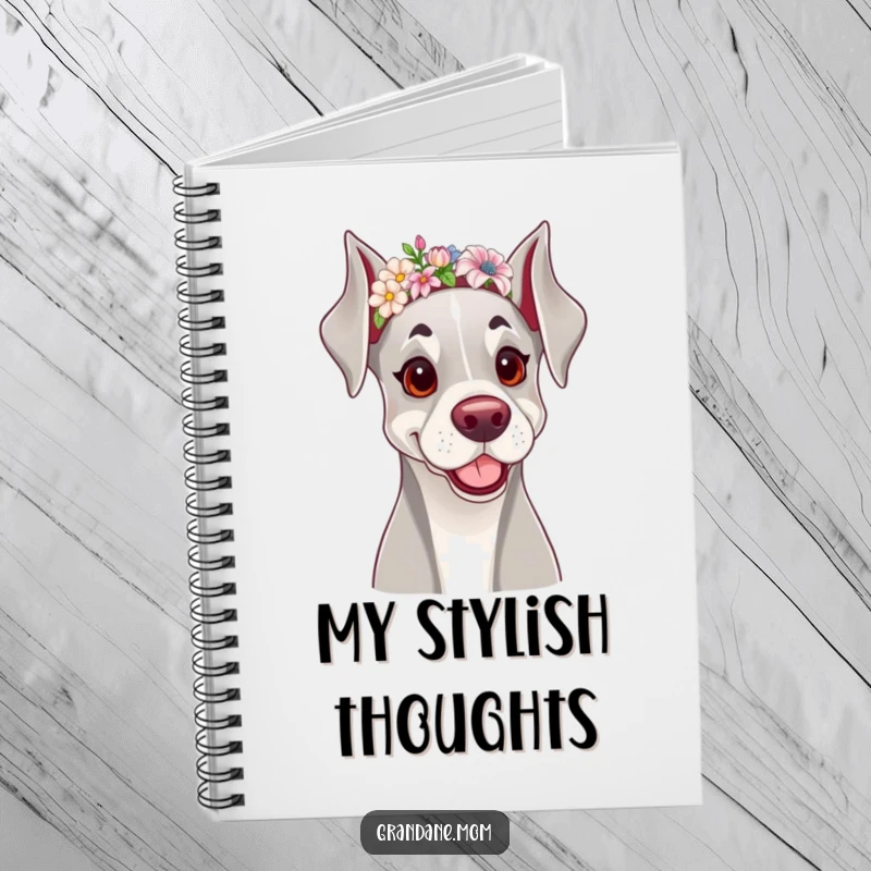 Funny notebook with a happy Grand Dane dog wearing a dainty floral headband, perfect for notes and journaling.