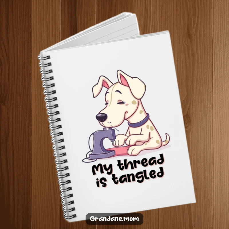 Funny Grand Dane hilariously trying to sew a minuscule button with huge needles, featured on the cover of a charming notebook.