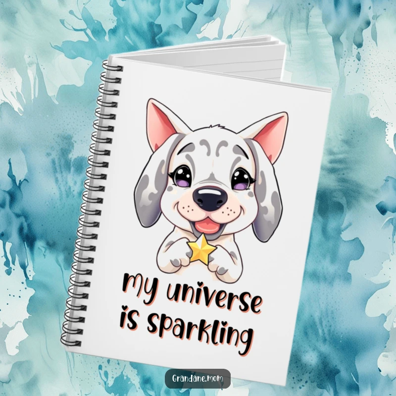 Funny Grand Dane notebook, journal with a happy dog holding a small, shiny star, perfect for notes.