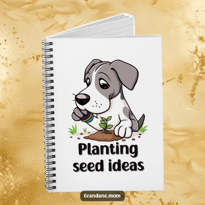 Funny Great Dane gardener notebook featuring a large dog in gloves, ready to jot down planting plans and garden notes.