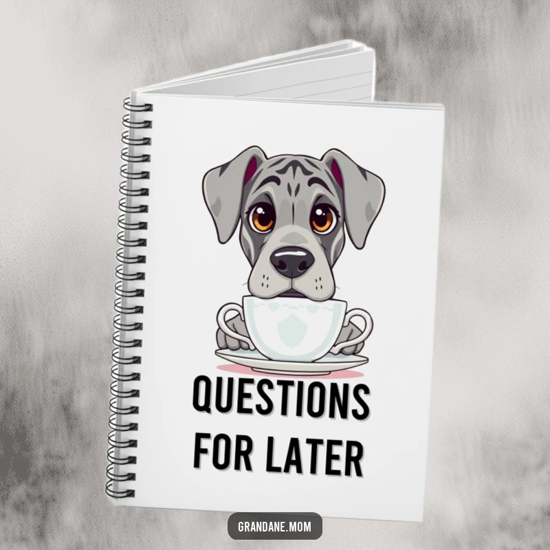 Funny Grand Dane notebook, cover features a dog with large, questioning eyes peering over a teacup.