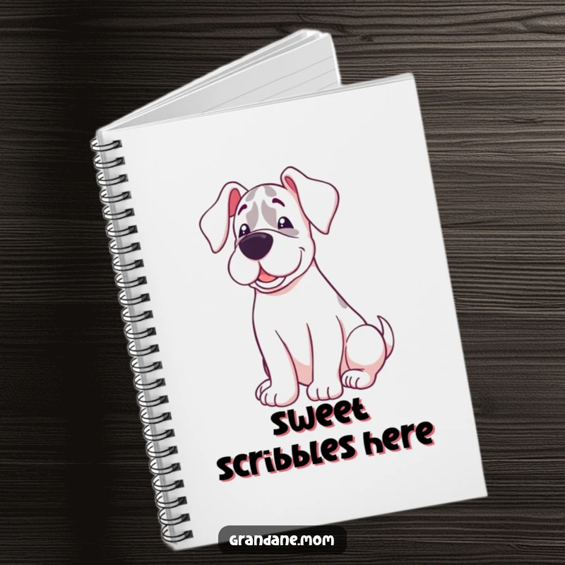 Funny notebook featuring a Grand Dane with a sweet expression, happily curled up, inspiring cozy thoughts.