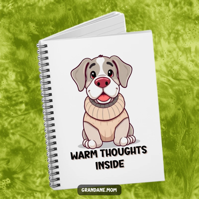 Funny, jolly Grand Dane wearing a knitted sweater and looking cozy, perfect for jotting down warm thoughts and ideas.