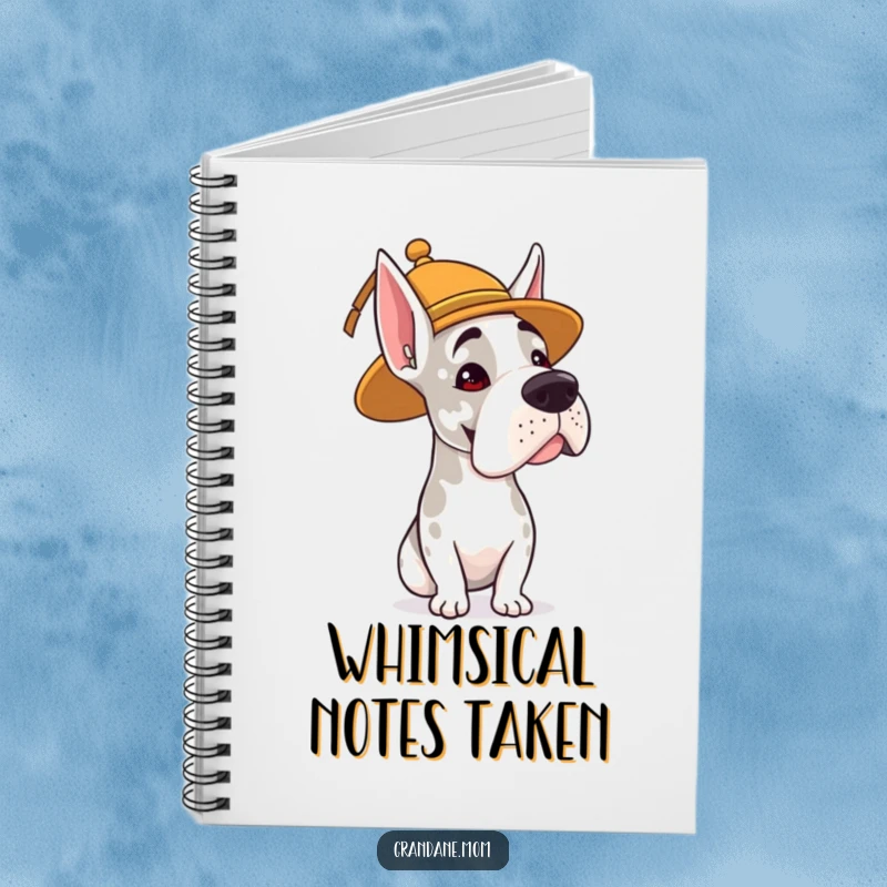 Funny notebook featuring a Grand Dane wearing a whimsical hat and giving a gentle, humorous head nod.