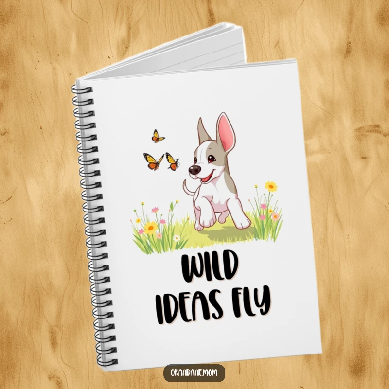 Funny, playful Grand Dane chasing a butterfly in a sunny meadow, perfect for jotting down notes or doggy dreams.