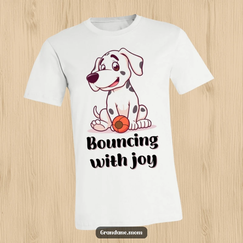 Funny Grand Dane t-shirt with a dog caught mid-playful bounce, enthusiastically engaging with a favorite toy.