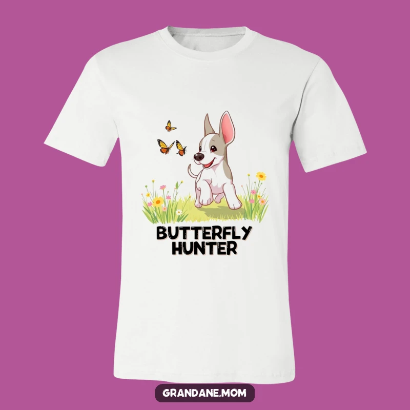 Funny Grand Dane Butterfly Chase T-Shirt: Unleash Backyard Fun!