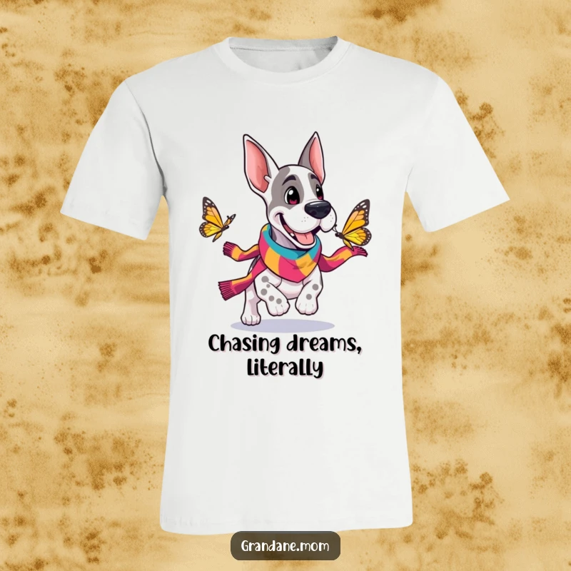 Funny Grand Dane t-shirt showing a happy dog in a scarf chasing a butterfly with whimsical charm and vibrant colors.