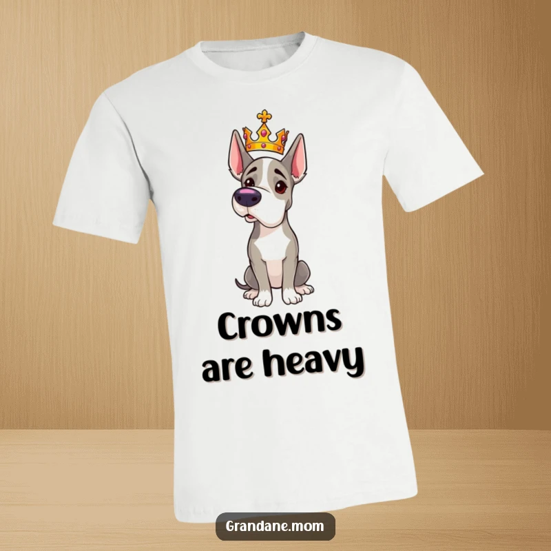 Funny Grand Dane t-shirt featuring a majestic dog wearing a small crown and striking a distinguished pose.