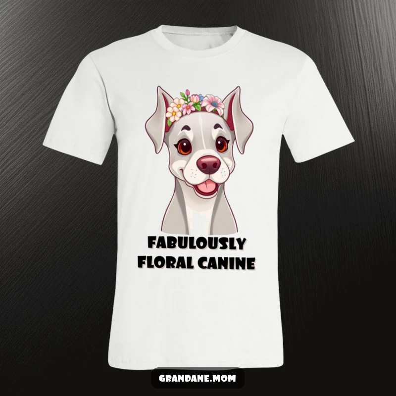 Funny t-shirt showcasing a cheerful Grand Dane dog sporting a dainty floral headband, radiating loveliness and canine charm.