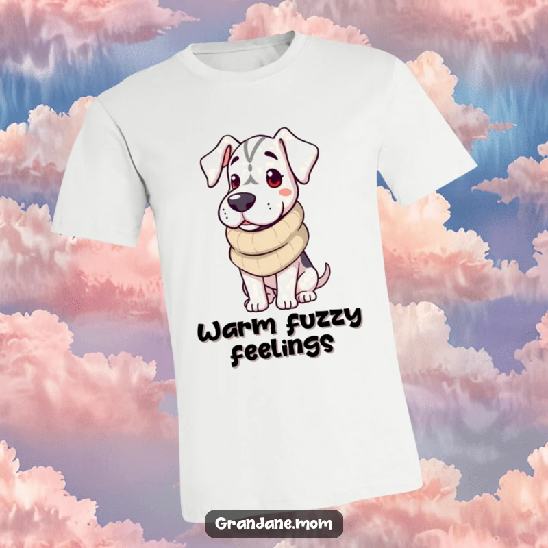 Funny Grand Dane T-Shirt depicting a dog wearing a warm, knitted scarf, embodying a cozy and comfortable winter look.