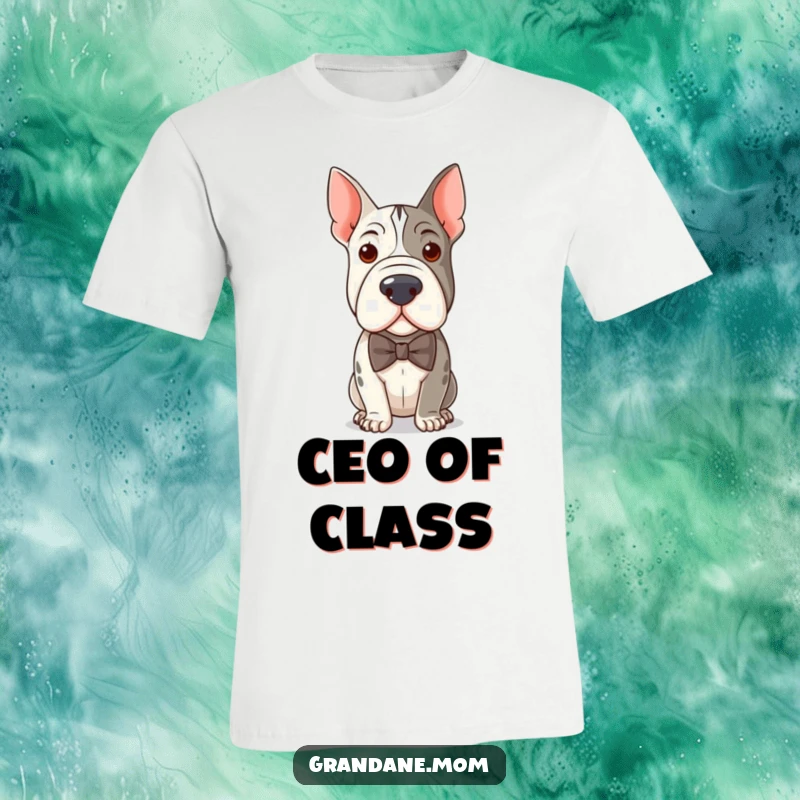 Funny t-shirt of a distinguished Grand Dane in a bow tie, perfect for dog dads and moms who love humor and elegance.