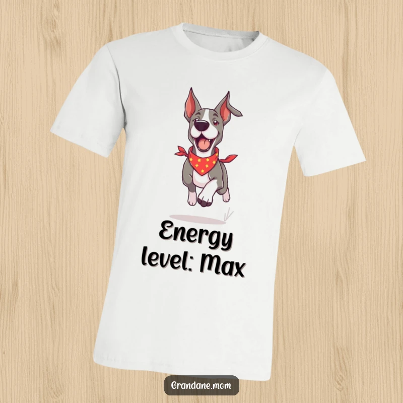 Funny Grand Dane t-shirt design of a dog with a bandana running with immense energy and a playful, joyful vibe.