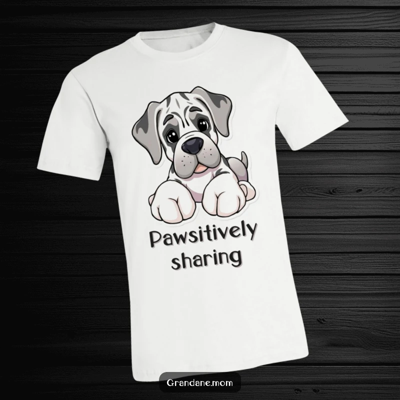 Funny t-shirt showing a Grand Dane with massive paws, kindly offering a soft toy, embodying gentle giant humor.
