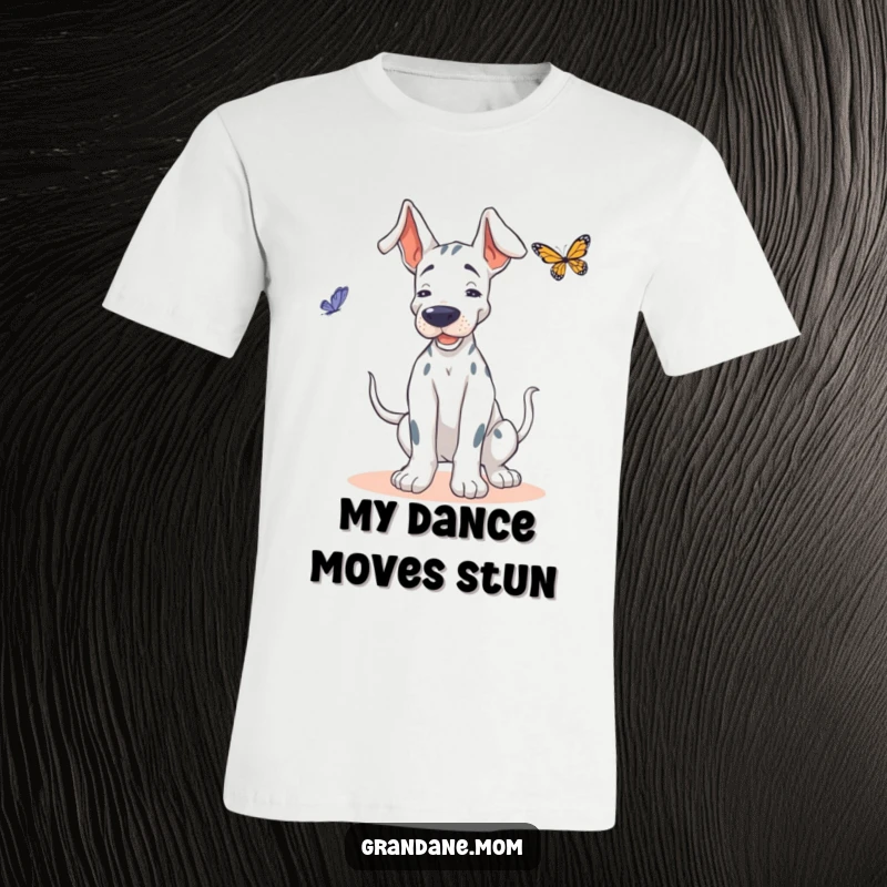 Funny Grand Dane t-shirt, depicting a happy dog wiggling and attempting to waltz with a fluttering butterfly.