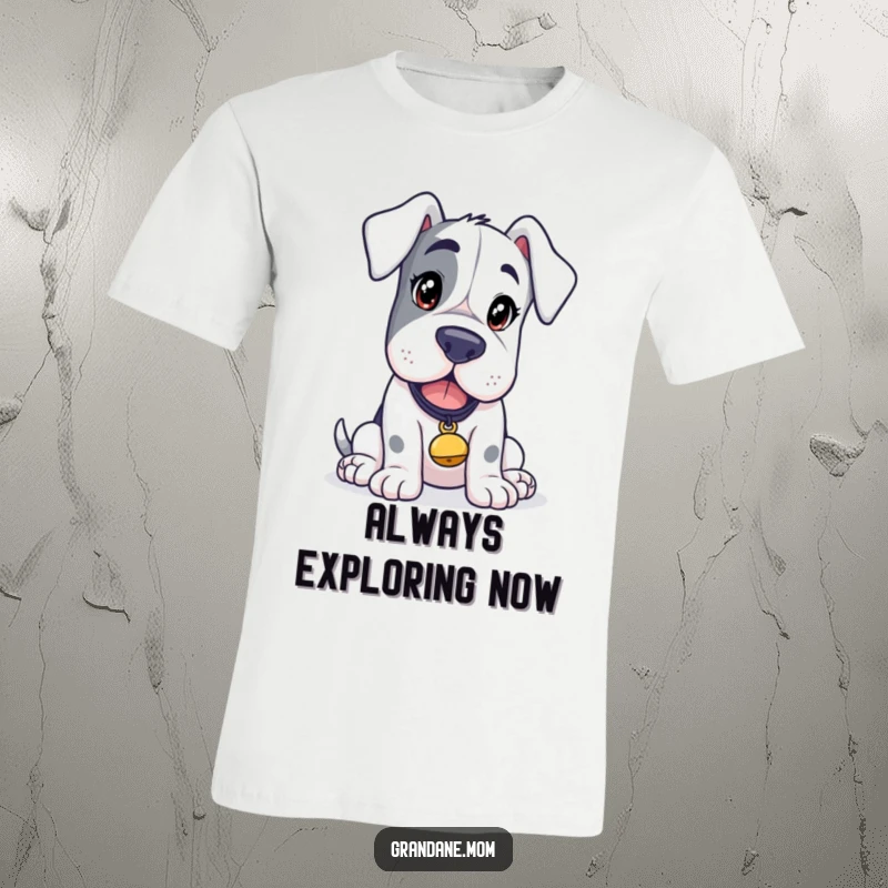 Funny Grand Dane Explorer T-Shirt, a curious dog wearing a small tinkling bell, ready for adventure, a humorous apparel gift.