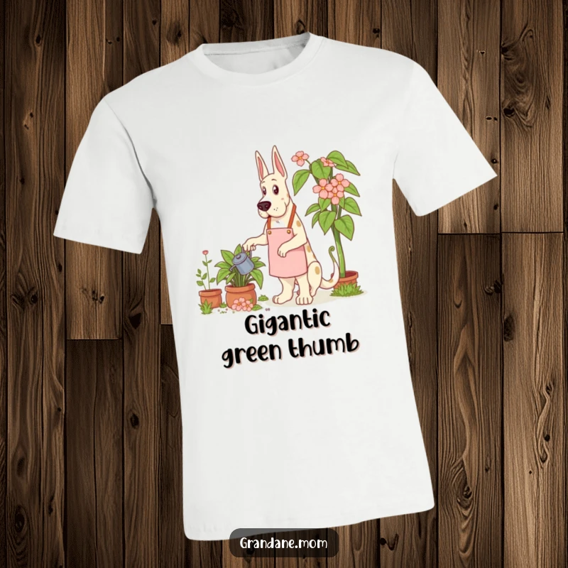 Funny Grand Dane Gardener T-Shirt depicting a Grand Dane dog in a gardening apron, watering an impressively large plant.