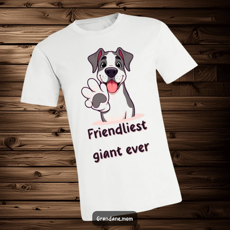 Funny Grand Dane t-shirt, smiling broadly while offering a huge paw for a friendly hello, exuding pure sweetness.