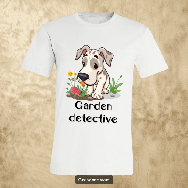 Funny Grand Dane t-shirt depicting a large dog curiously sniffing a garden patch, capturing a moment of gentle exploration.