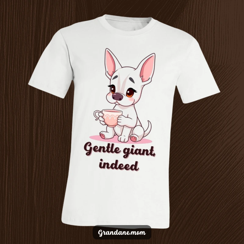 Funny Grand Dane T-Shirt showcasing a majestic dog with a gentle expression, delicately holding a teacup, ideal for tea lovers.