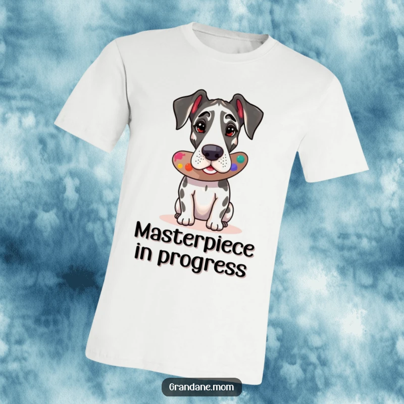 Funny Great Dane artist t-shirt featuring a dog holding a paint palette, ideal for art enthusiasts and as a gift.