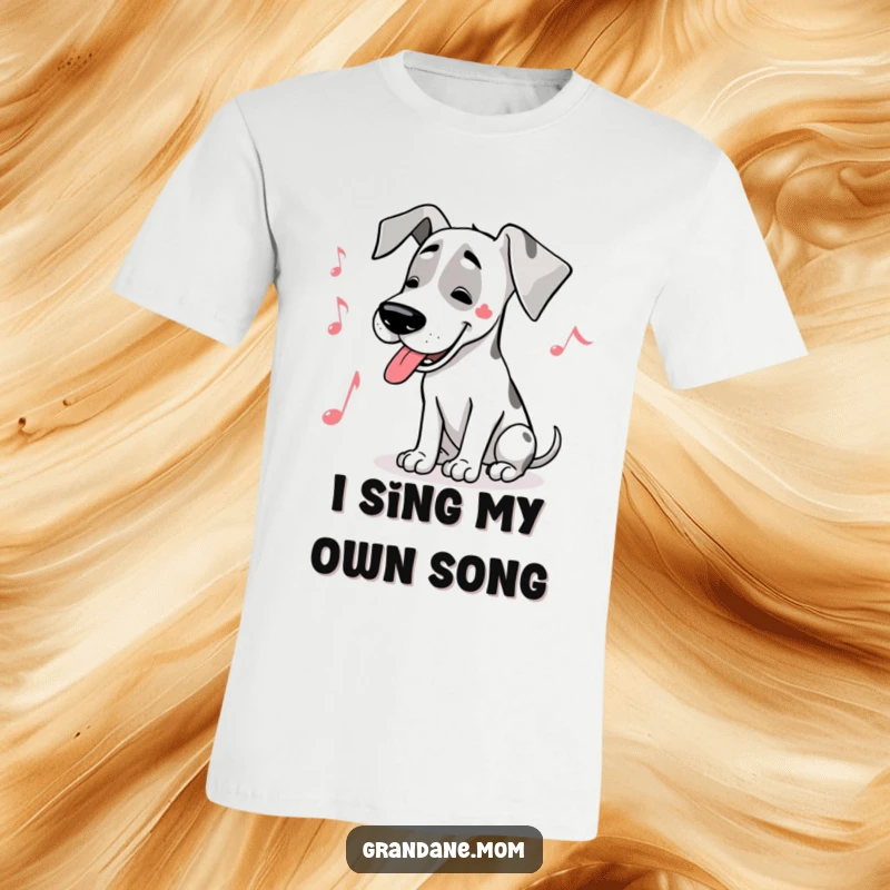 Funny Great Dane musical t-shirt featuring a large dog with a musical note, humming a happy and joyful tune.