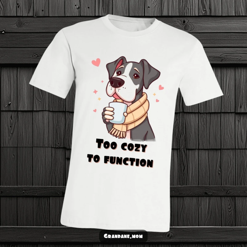 Funny Great Dane T-Shirt: A large, happy dog wearing a scarf sips a hot drink, exuding ultimate comfort and charm.