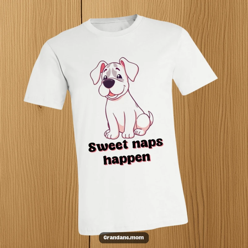 Funny t-shirt of a Grand Dane with a sweet, happy expression, curled up cozily, perfect for relaxation lovers.