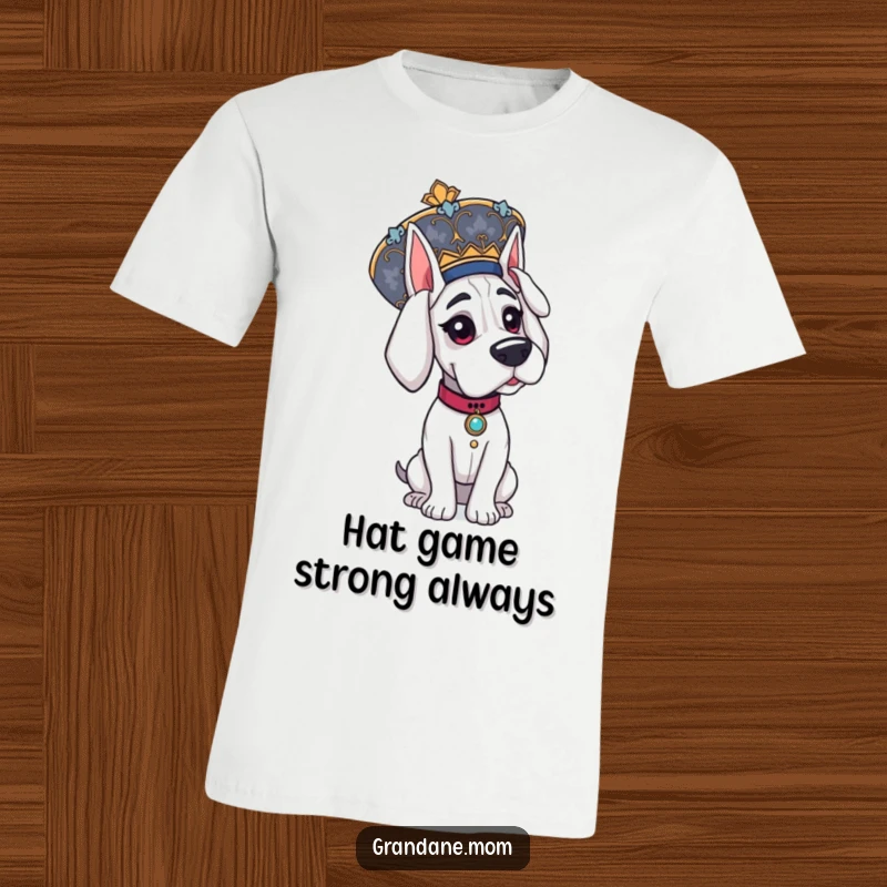 Funny Grand Dane t-shirt, depicting a majestic dog adorned with a large, elaborate, decorative hat.