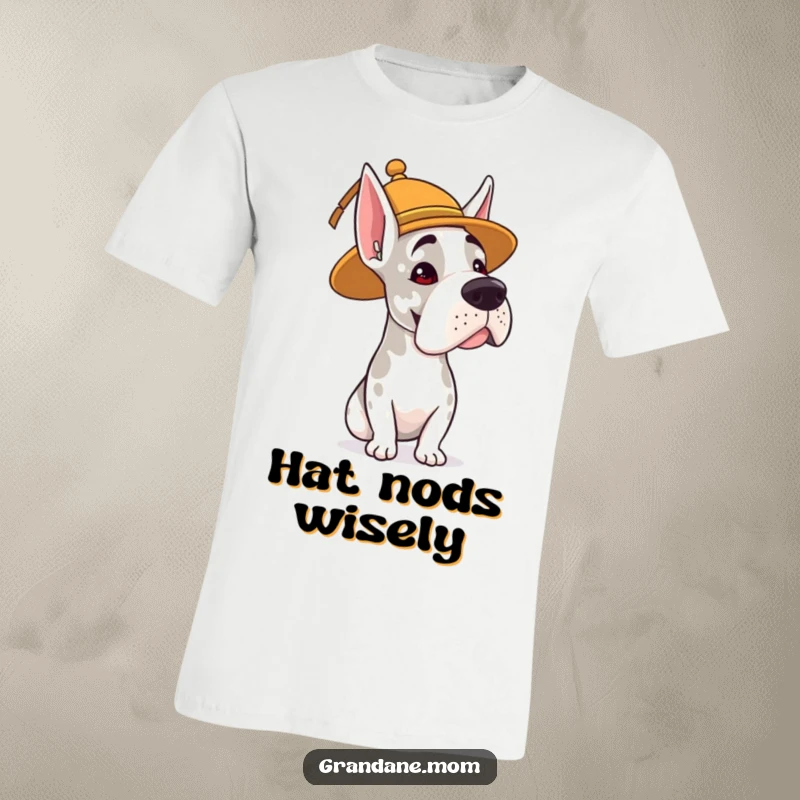 Funny t-shirt of a Grand Dane in a whimsical hat, giving a gentle head nod, perfect for lovers of quirky humor.
