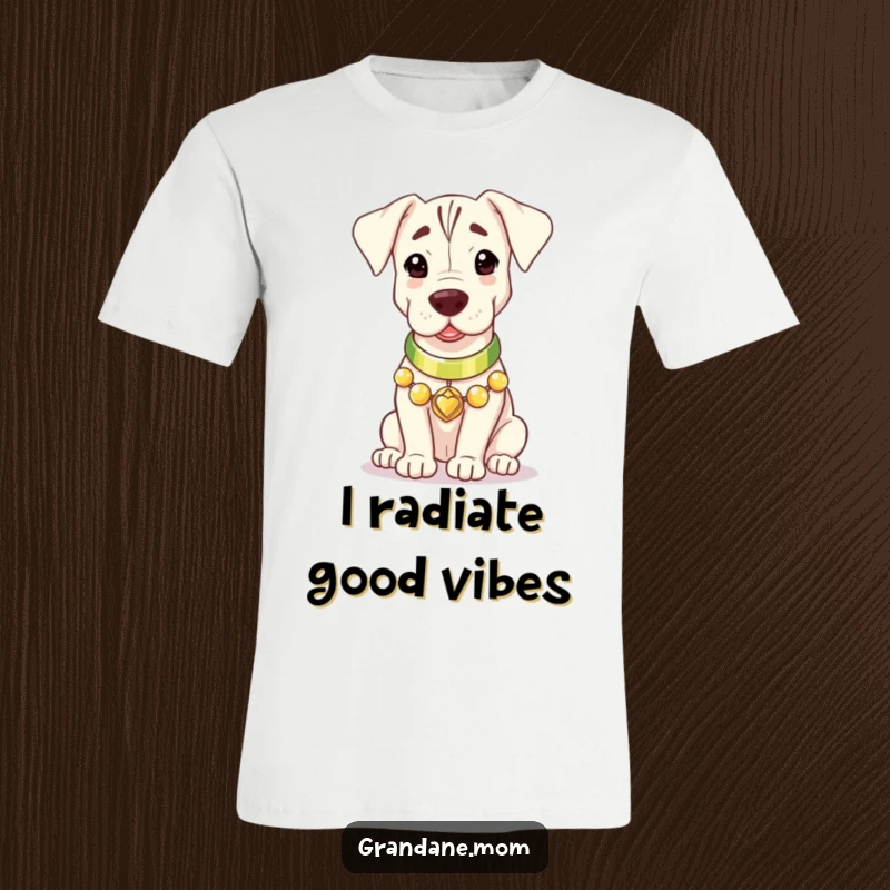 A beautiful Grand Dane adorned with a bright collar, radiating a soft, warm glow on this comfortable t-shirt.