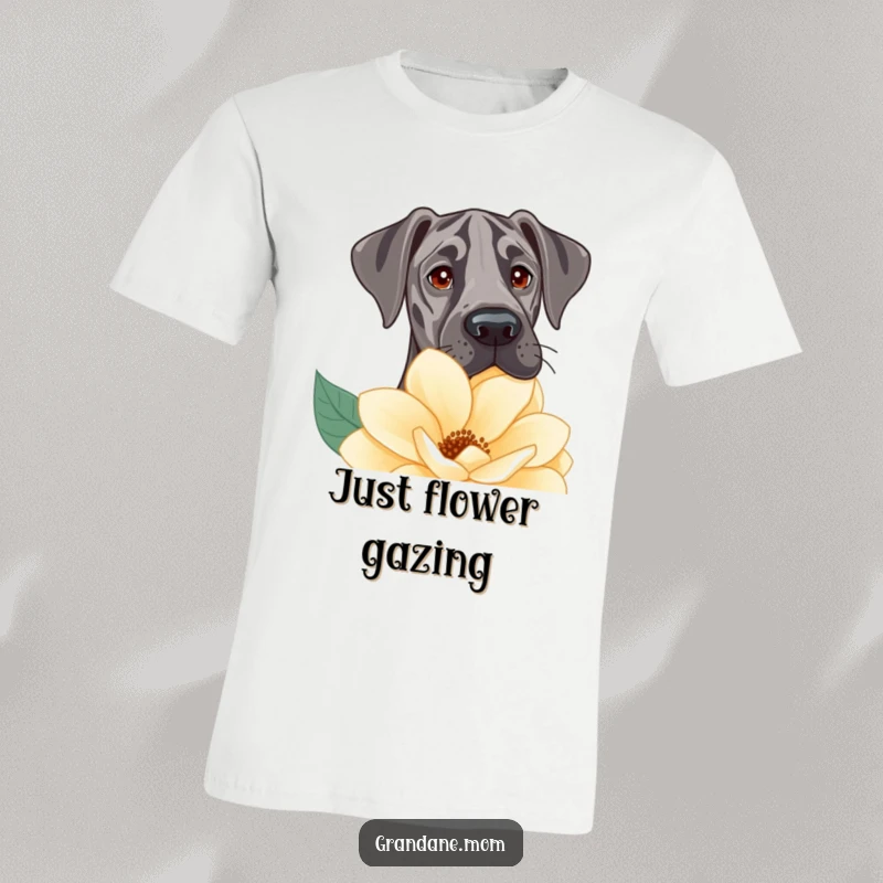 Funny T-Shirt shows a sweet-faced Great Dane with gentle eyes curiously peeking over the top of a large, colorful flower.
