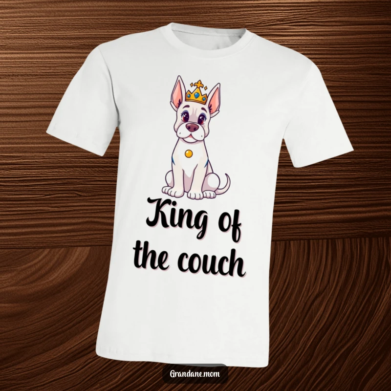 Funny Grand Dane T-Shirt: A proud Grand Dane sits majestically, adorned with a tiny crown, embodying funny canine royalty.