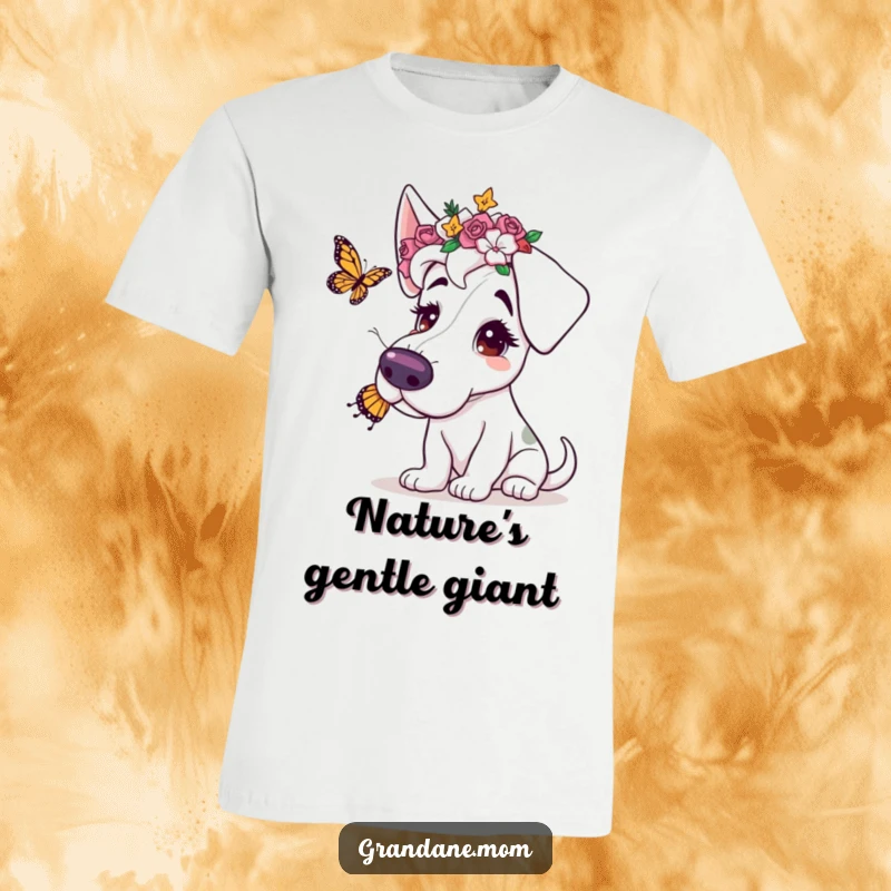 Funny t-shirt with a Grand Dane adorned with a flower crown, playfully interacting with a butterfly, embodying canine grace and whimsy.