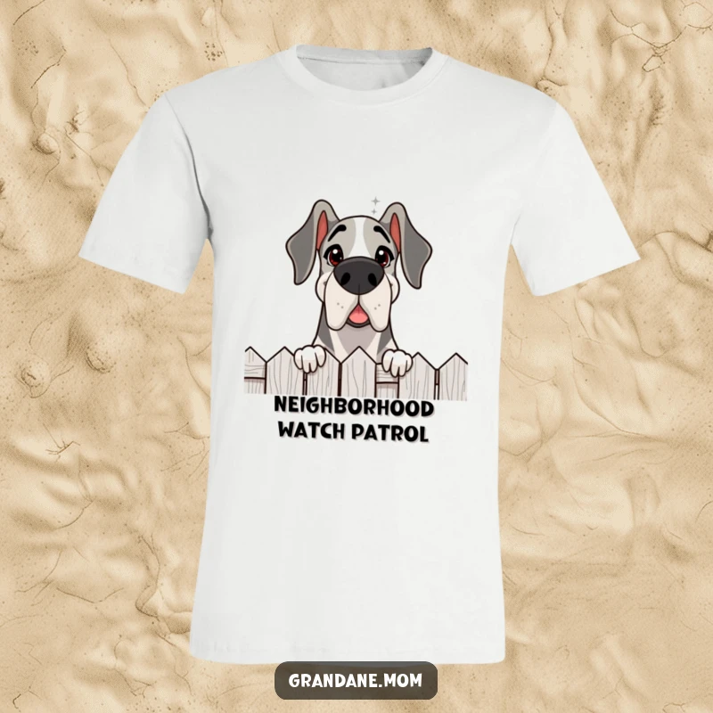 Funny Grand Dane t-shirt, a delighted giant dog peeking over a fence with a friendly, curious gaze, exuding sweetness.
