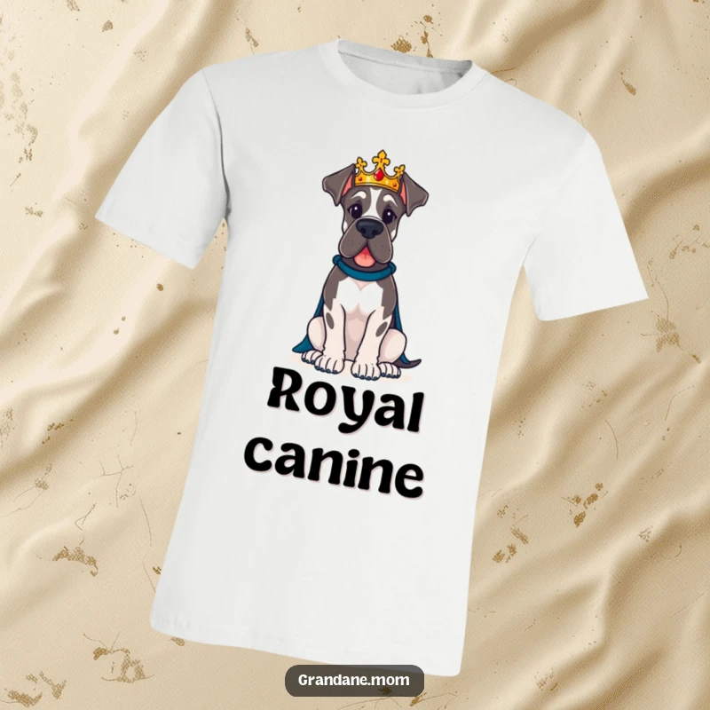Funny Great Dane dog wearing a crown sits proudly on this humorous t-shirt.