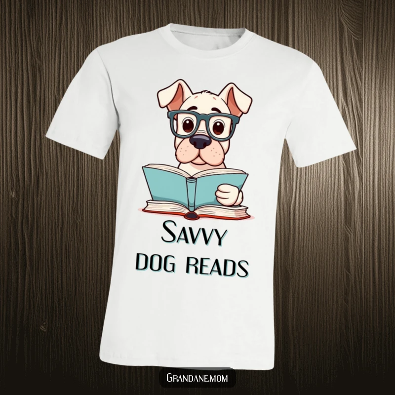 Funny Grand Dane Reader T-Shirt depicting a smart Grand Dane dog wearing reading glasses, focused on reading a book.