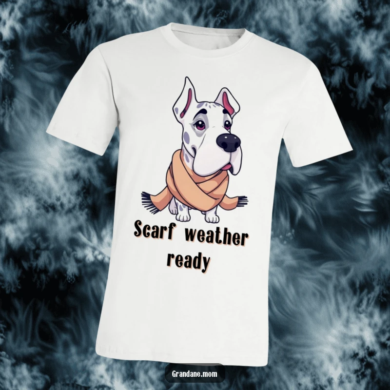 Funny Grand Dane t-shirt showcasing a large dog sporting a fashionable, oversized scarf, exuding canine chic and humor.