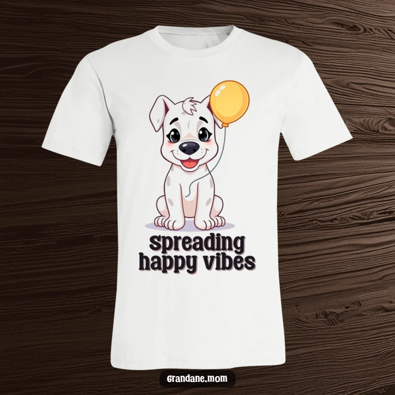 Funny Grand Dane Joyful T-Shirt, a smiling dog holding a bright balloon, conveying happiness, a humorous apparel gift.