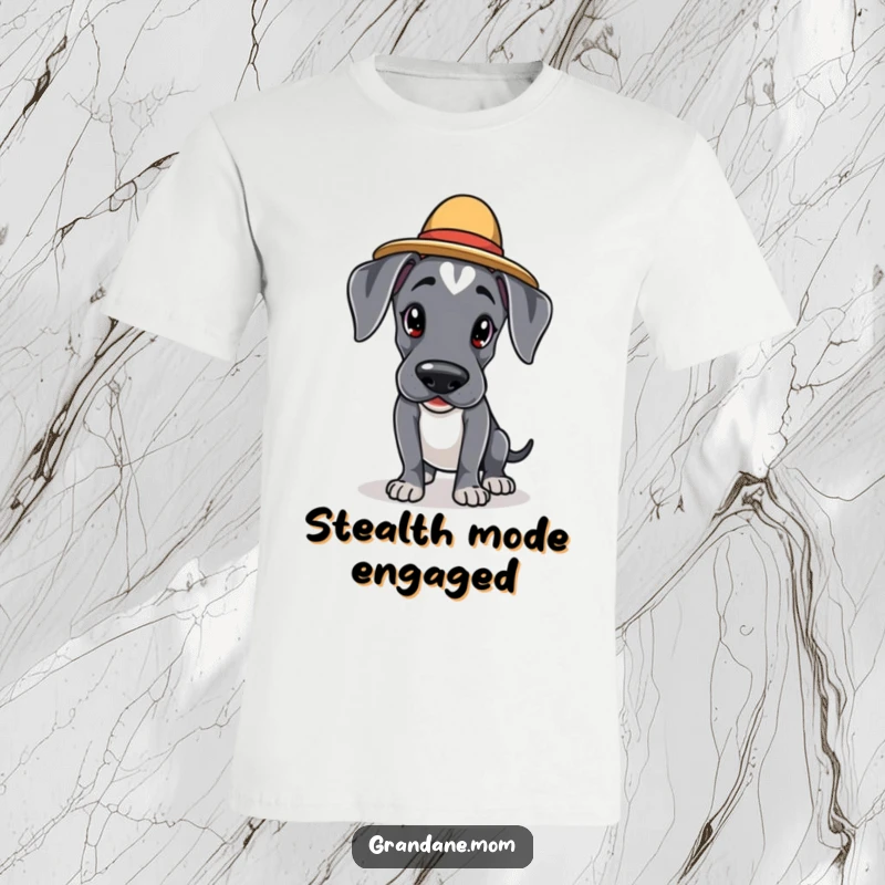 Funny Kawaii Great Dane t-shirt: an adorable dog in an elegant hat is tiptoeing cautiously, showcasing cute stealth and refined humor.