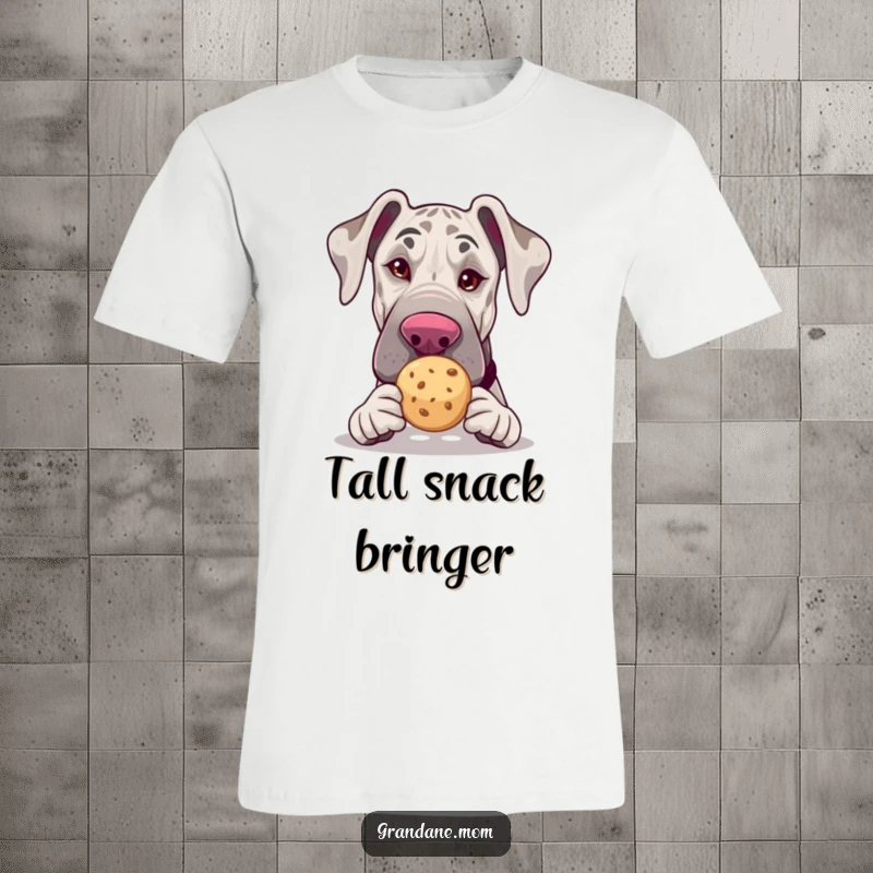 Funny Grand Dane t-shirt, winking with a tea cookie, humorous dog apparel, great funny gift.