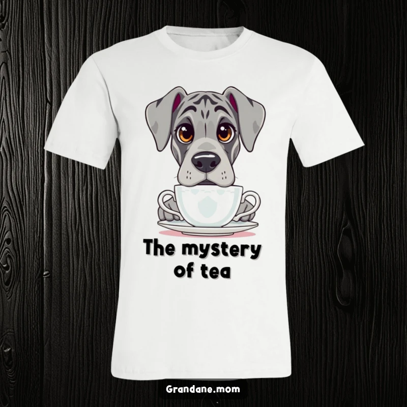 Funny Grand Dane t-shirt, depicting a dog with large, wide, questioning eyes looking over a delicate teacup.