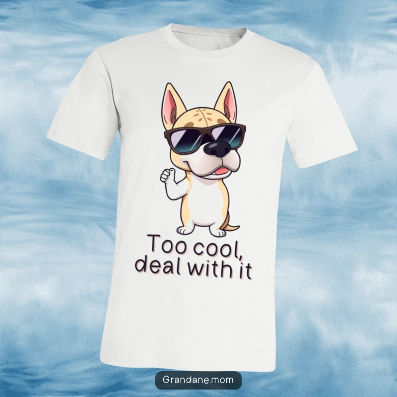 Funny Grand Dane sunglasses t-shirt featuring a large dog wearing cool shades and striking a suave, confident pose.