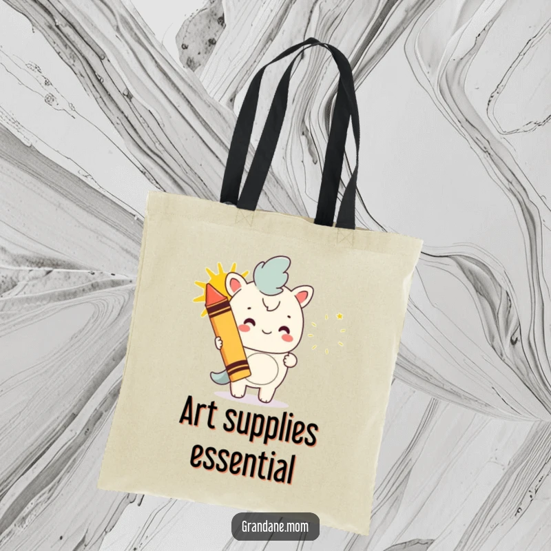 Funny daniff tote bag, a dog holding a giant crayon drawing a happy sun, perfect for carrying art supplies with a humorous touch.