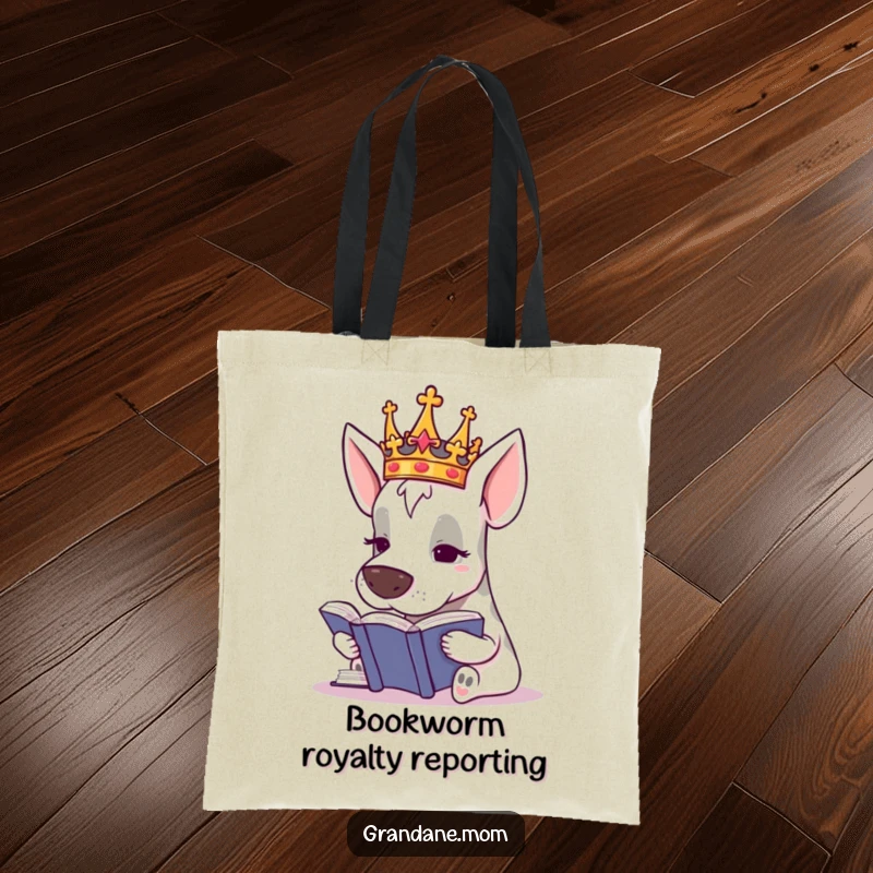 Funny Grand Dane Scholar Tote Bag, a royal dog with a crown studying, a durable and humorous bookish gift.