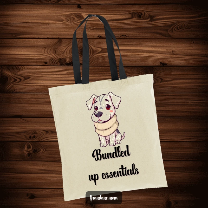 Funny Grand Dane Tote Bag featuring a dog with a cozy scarf, perfect for carrying items and spreading warmth.