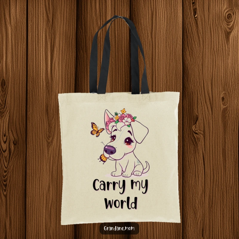 Funny tote bag with a Grand Dane wearing a flower crown, playfully chasing a butterfly, perfect for carrying essentials with charm.